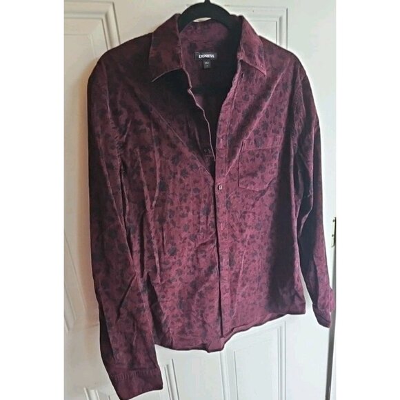 Express Men Corduroy Long Sleeve Button Up Dress Collar Shirt Maroon Black Med - Picture 1 of 9